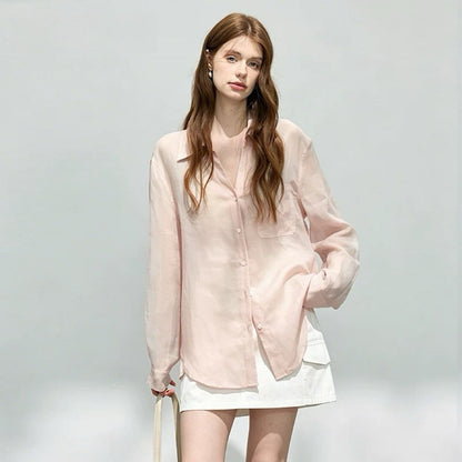 Loose-fitting lapel ramie long-sleeve shirt