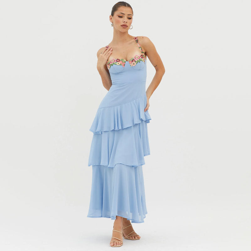blue Cascading Ruffle Floral Decorative Dress