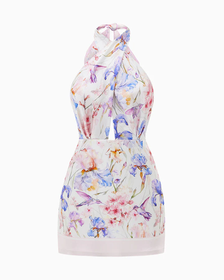 Halter-neck cut-out bodycon mini dress with watercolor print
