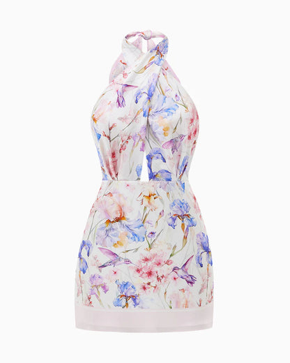 Halter-neck cut-out bodycon mini dress with watercolor print