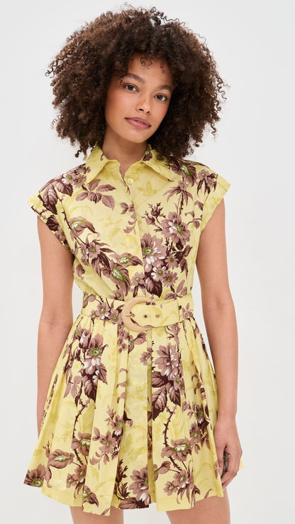 printed sleeveless  A-line pleated mini dress - yellow