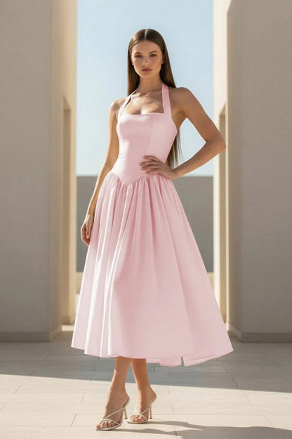 pink Halter Strappy Backless midi Dress