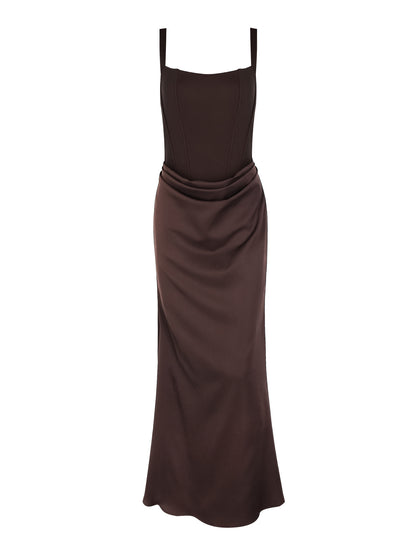 brown backless herringbone slip maxi dress