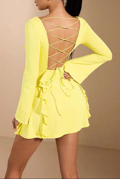 yellow long sleeve 3D lace bodycon dress