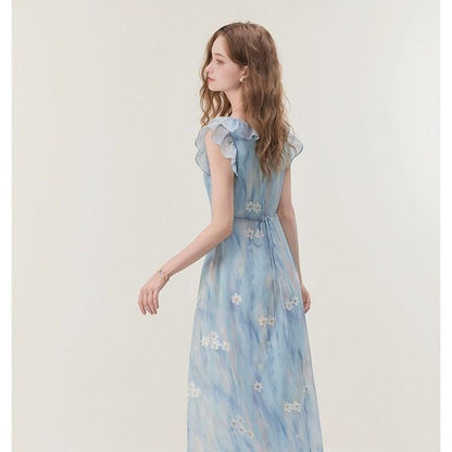 Gradient floral print U-neck maxi dress - blue