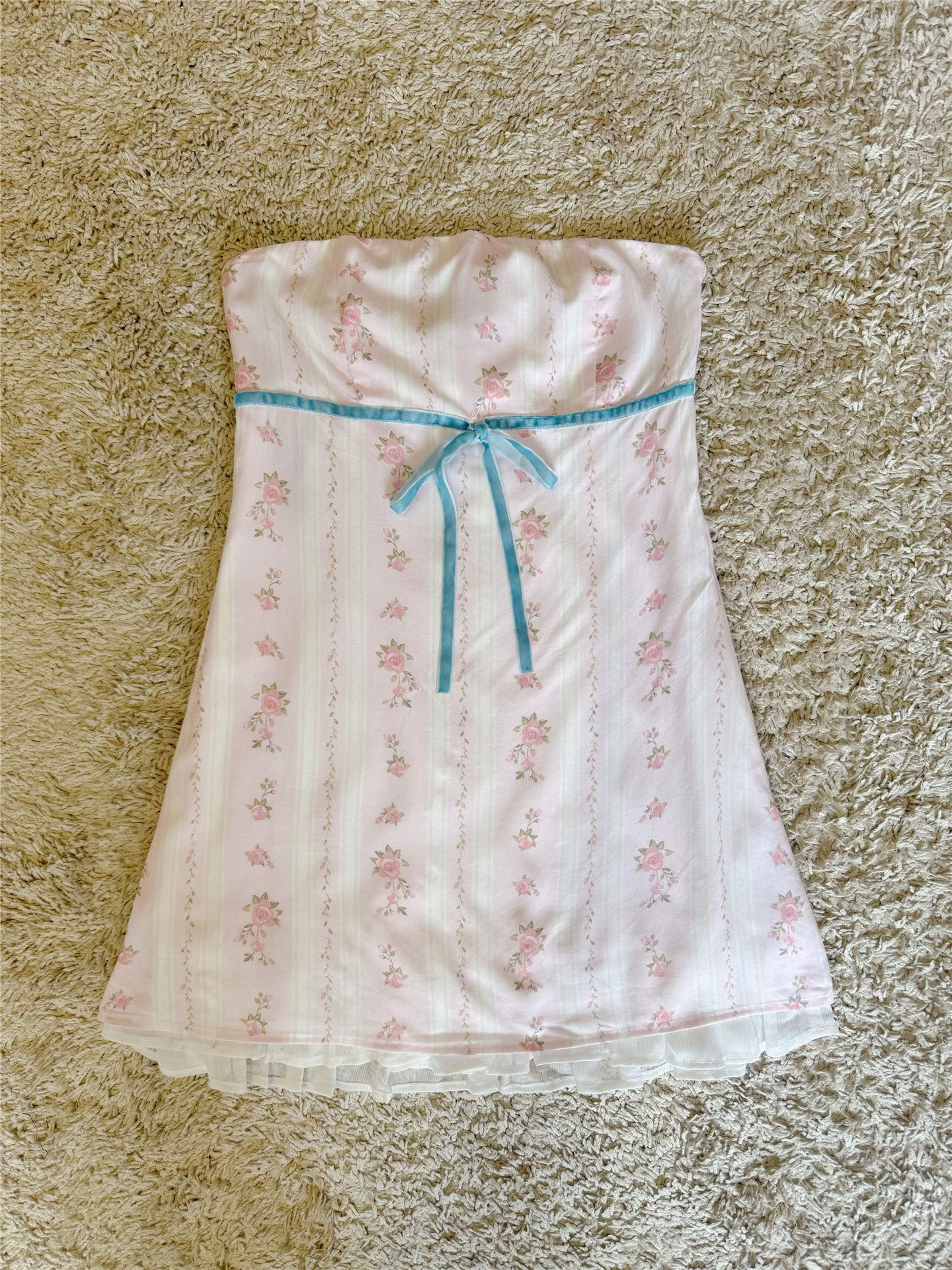 floral flocked bow lace-up pleated bandeau dress