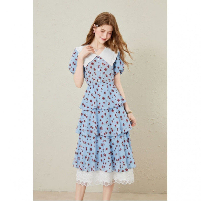 lace splicing print Tiered maxi dress in blue
