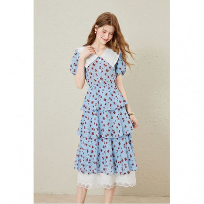 lace splicing print Tiered maxi dress in blue