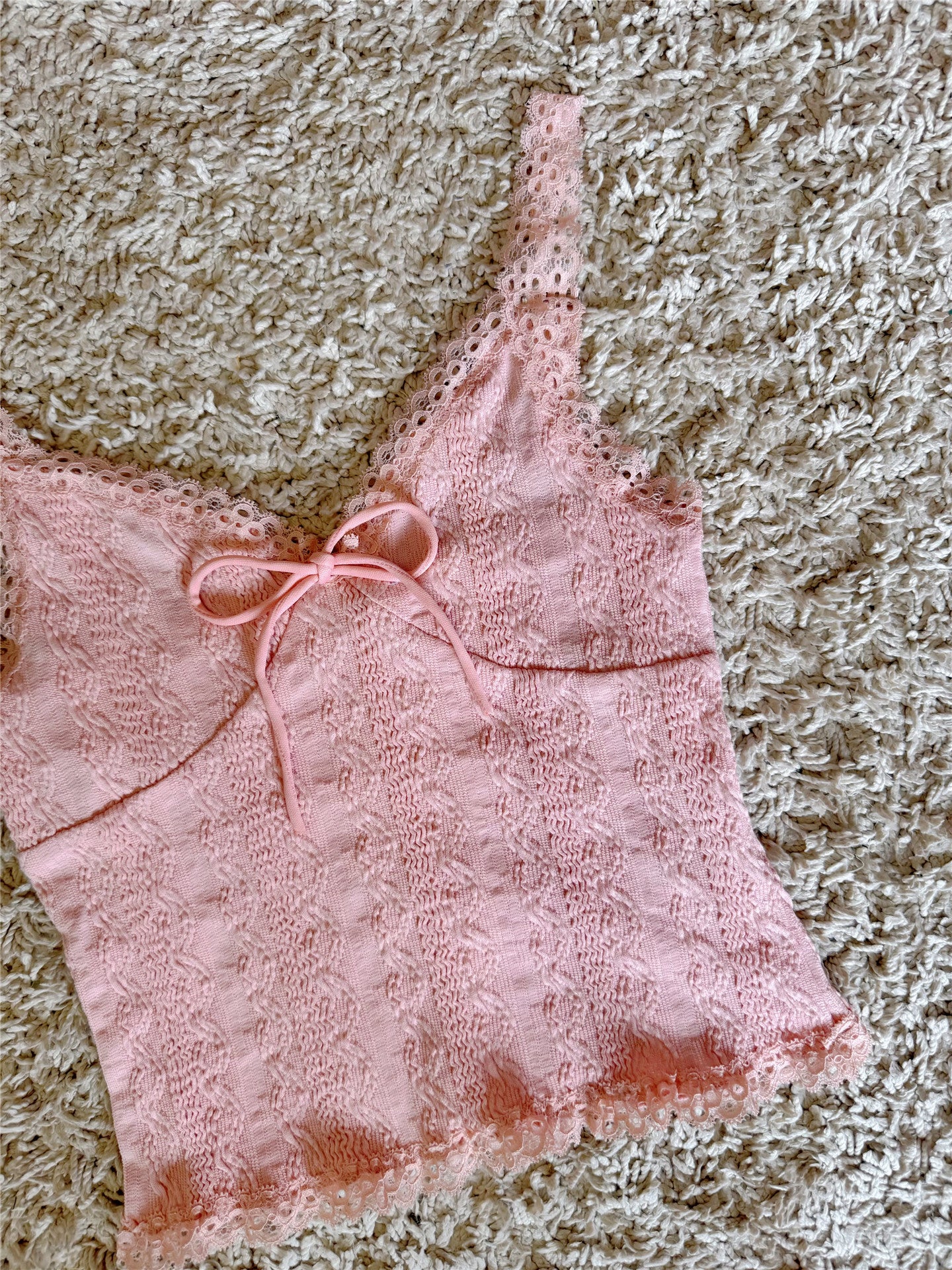 Cut-out Lace Embossed Pattern Bow High-Waisted Short Camisole Top