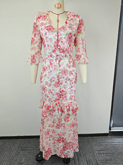 V-neck Vintage-print puff-sleeve slit maxi dress