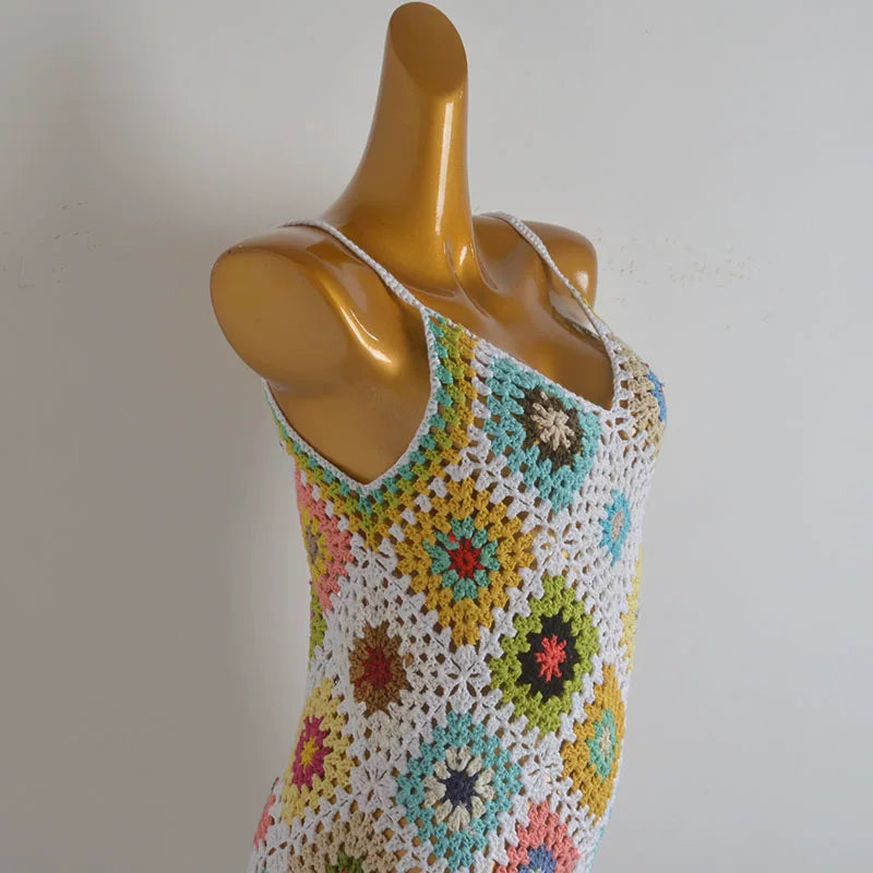 Boho Granny Square Crochet Mini Dress