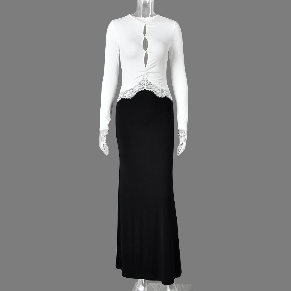 Premium Fabric Long-Sleeve Cut-Out Top with Lace Detail Premium Fabric - product view 9