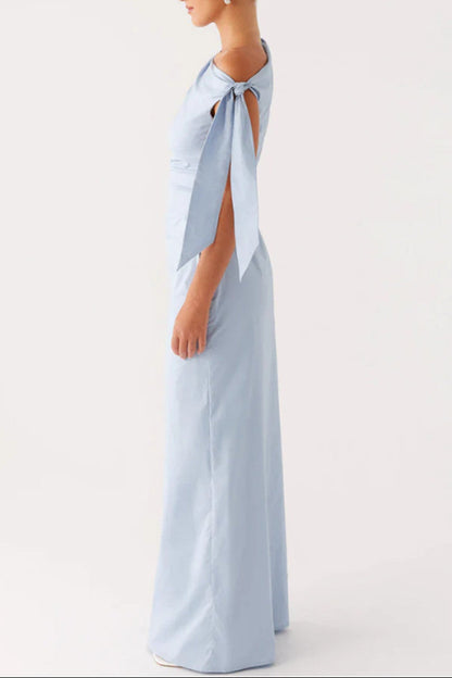one shoulder lace-up bow slim dress blue