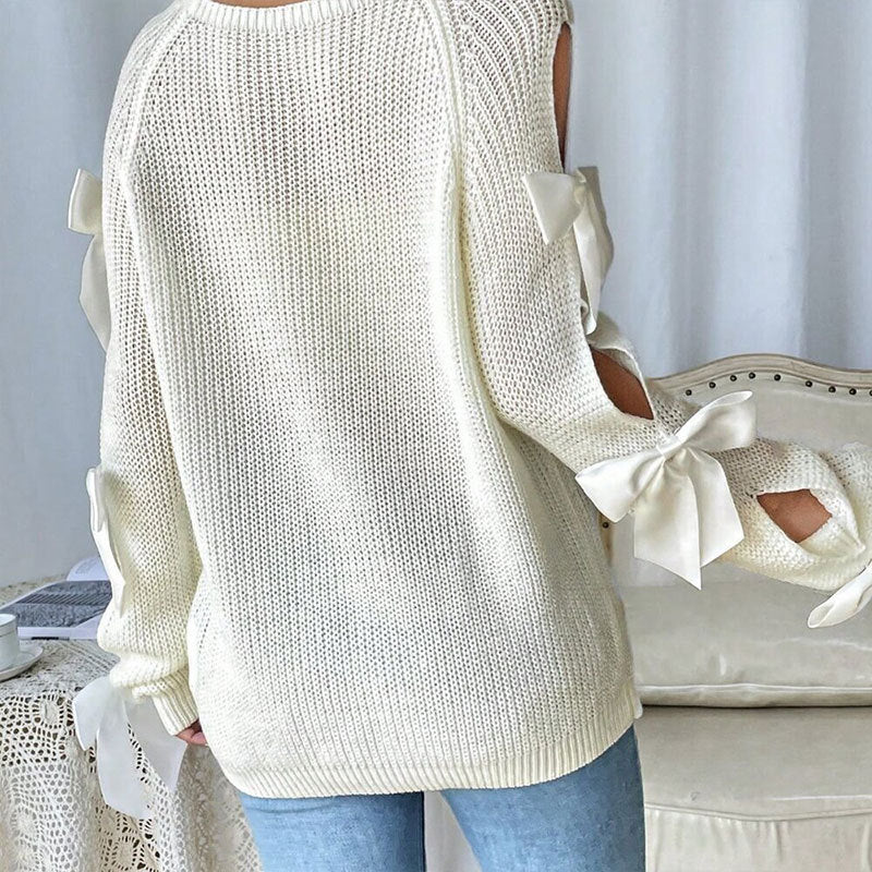 Cream Knit Cold Shoulder Sweater with Ribbon Bow Detail Premium Fabric - product view 3