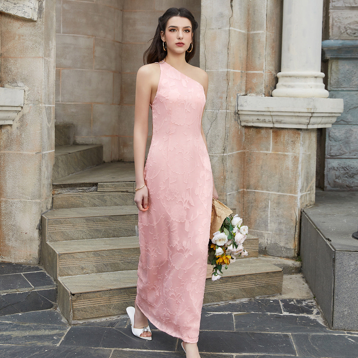 pink Jacquard Backless Tie Crossbody One-Shoulder  Dress
