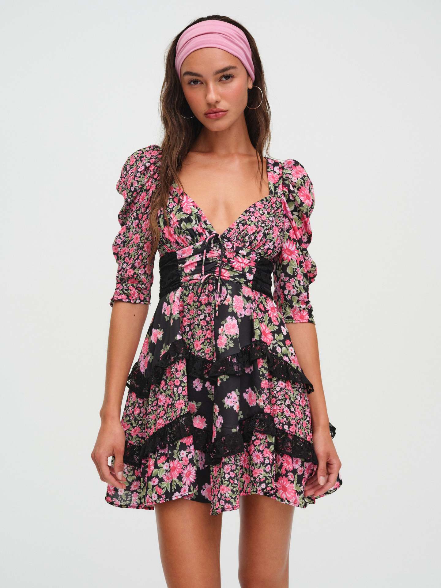 Floral lace patchwork deep V-neck puff sleeves mini dress
