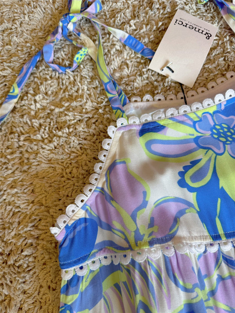 floral crochet wavy pocket bow lace-up dress