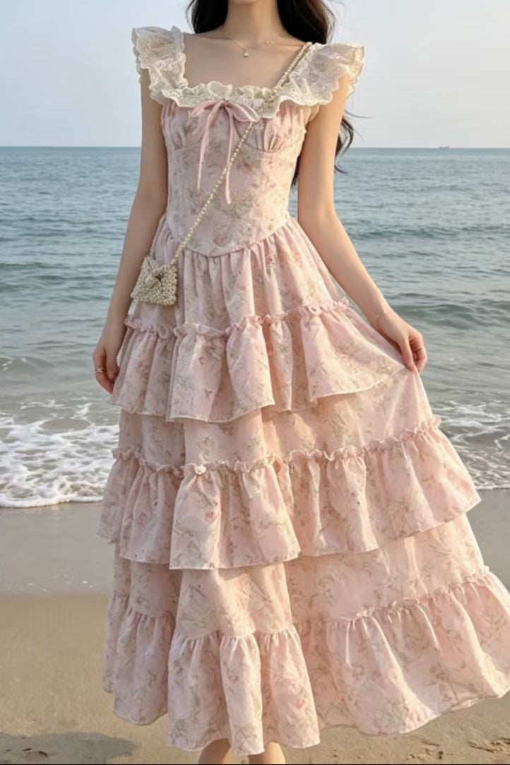 Patchwork square neck A-line tiered maxi dress