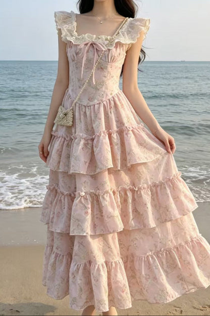 Patchwork square neck A-line tiered maxi dress