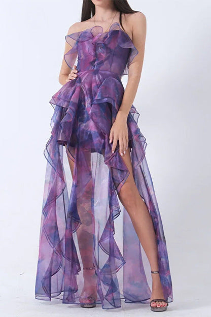 purple chiffon bandeau print dress