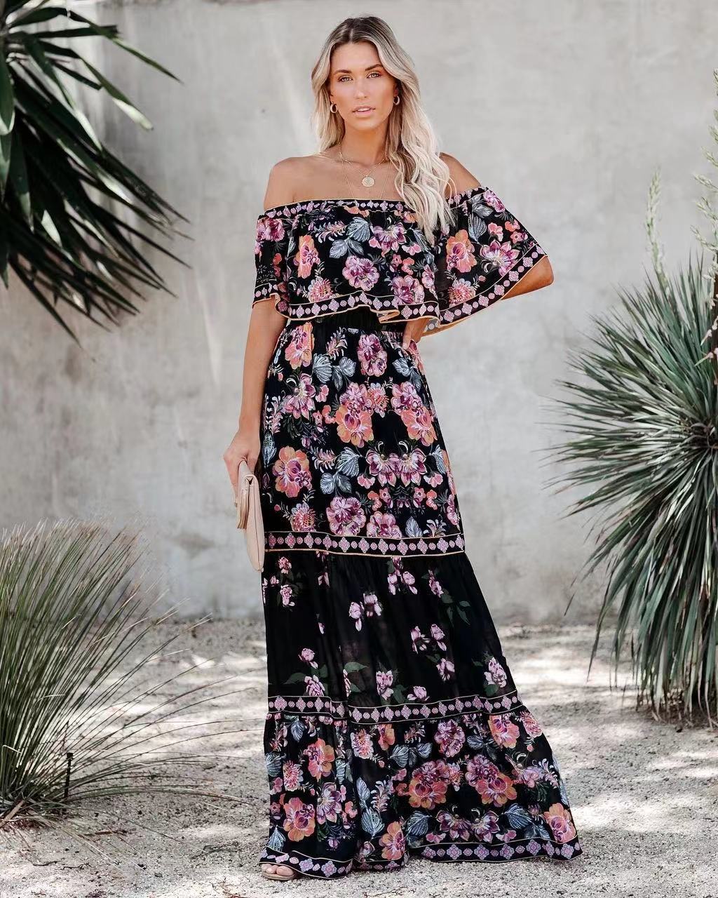 Off-shoulder printed maxi dress with a full skirt