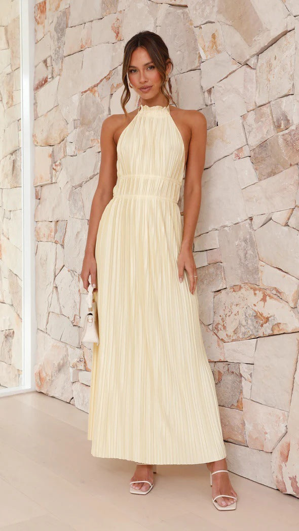 Backless tie-waist pleated long dress