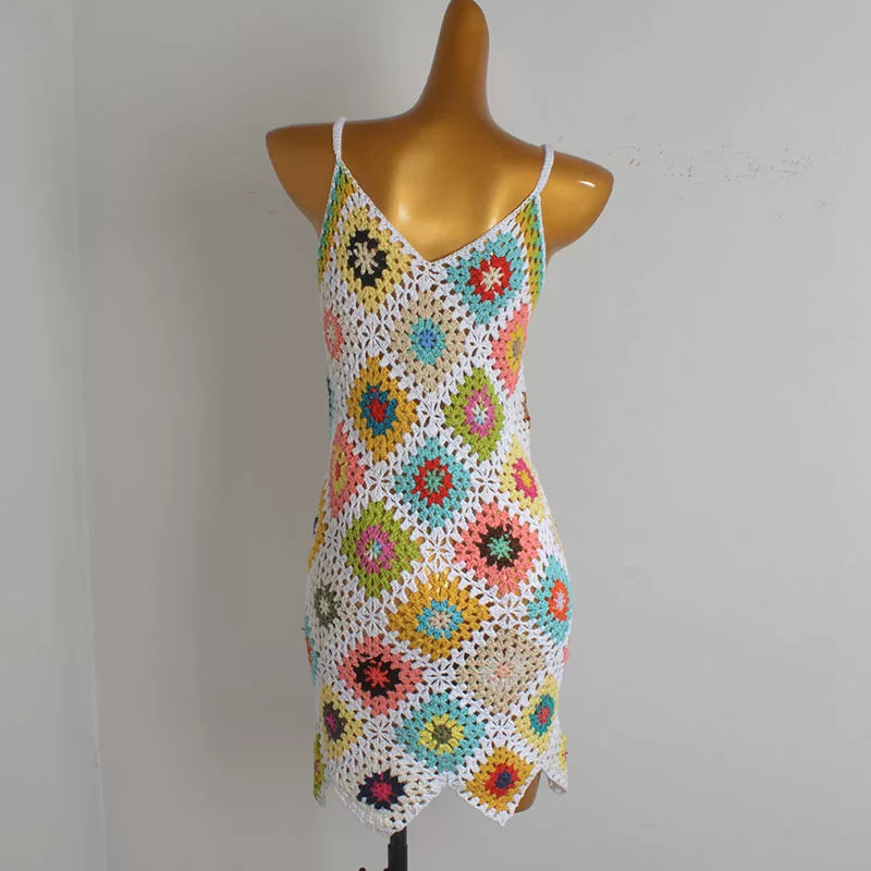 Boho Granny Square Crochet Mini Dress