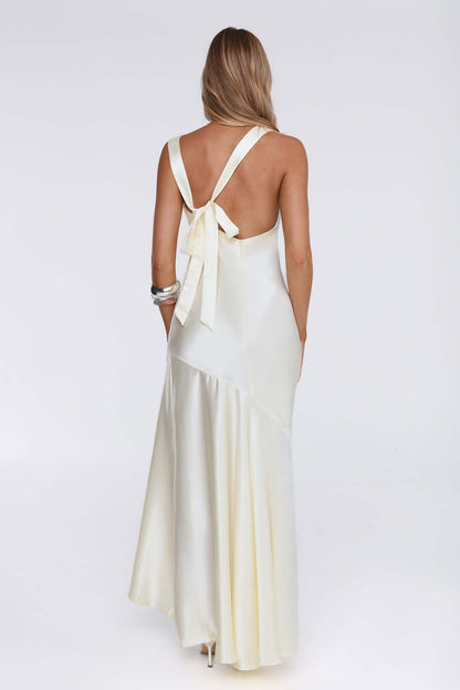 ivory satin fishtail large swing maxi dress