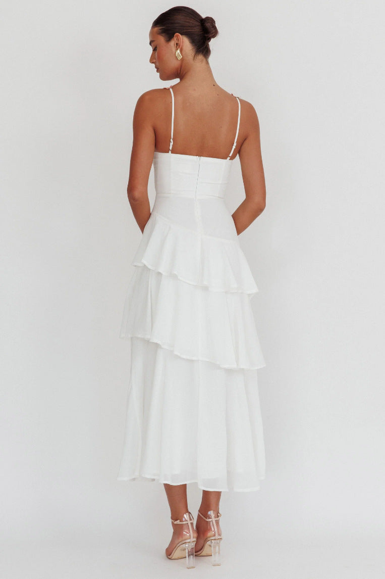 white Cascading Ruffle Floral Decorative Dress