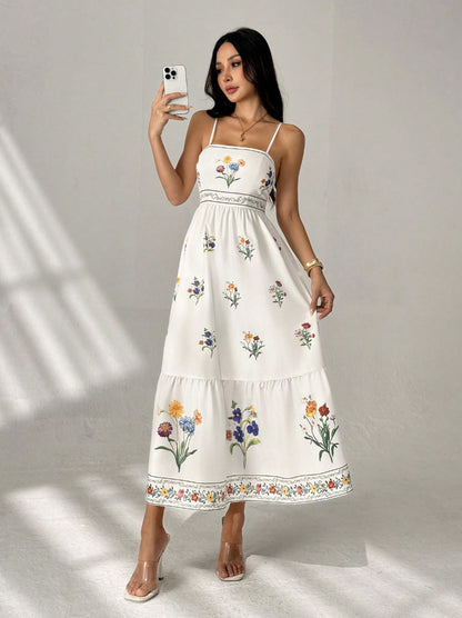 white Suspender Print Waist Open Back dress