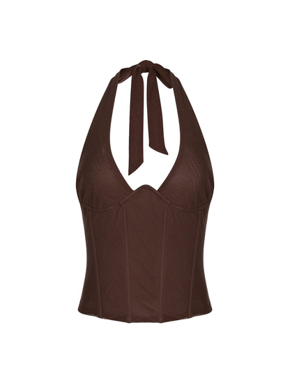 brown halterneck herringbone backless cropped top