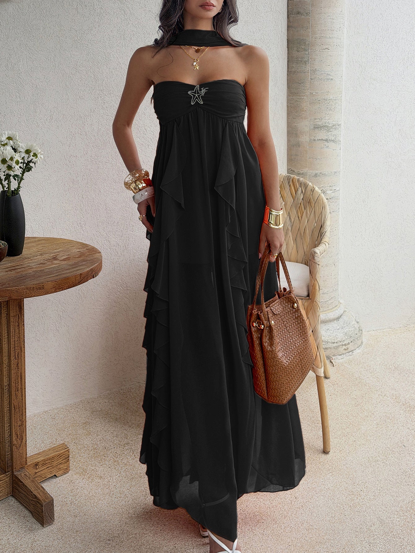 black bandeau layered ruffled dress