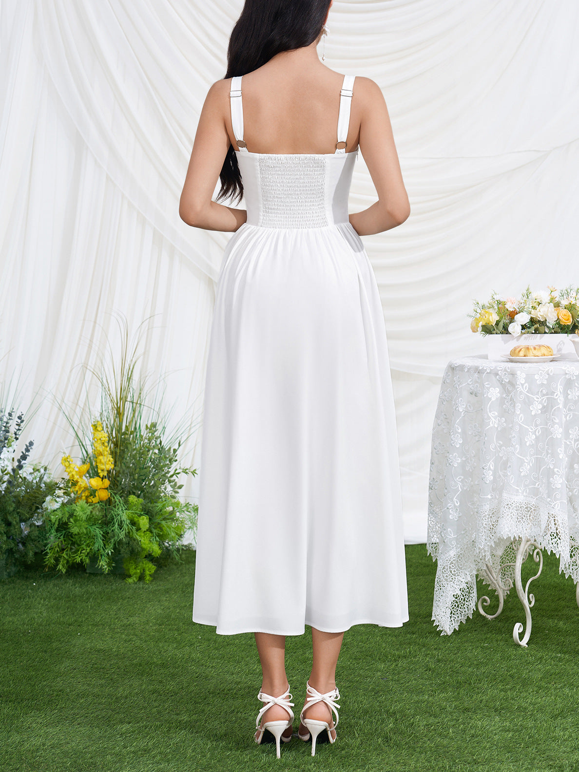 white print high slit open back midi dress