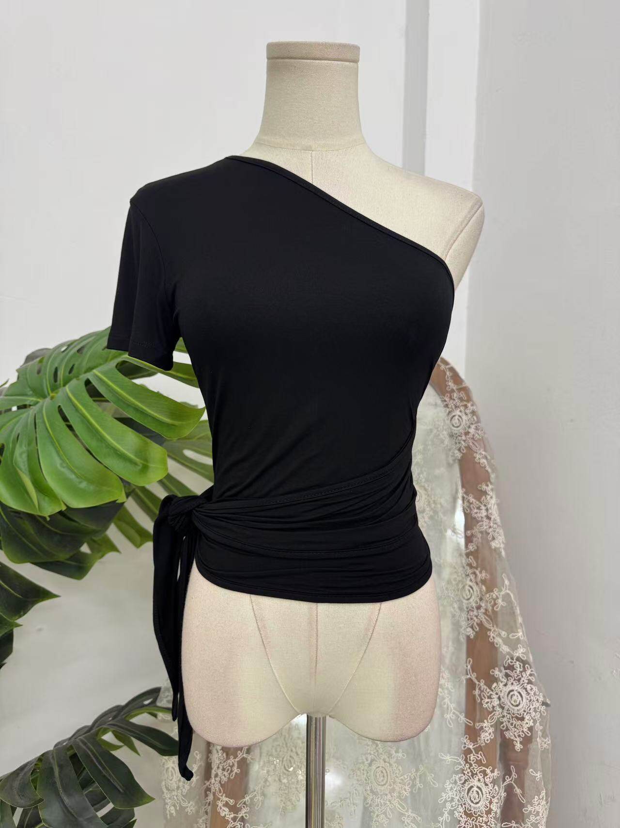 One-piece Slanted Shoulder Strap Short Sleeve Top