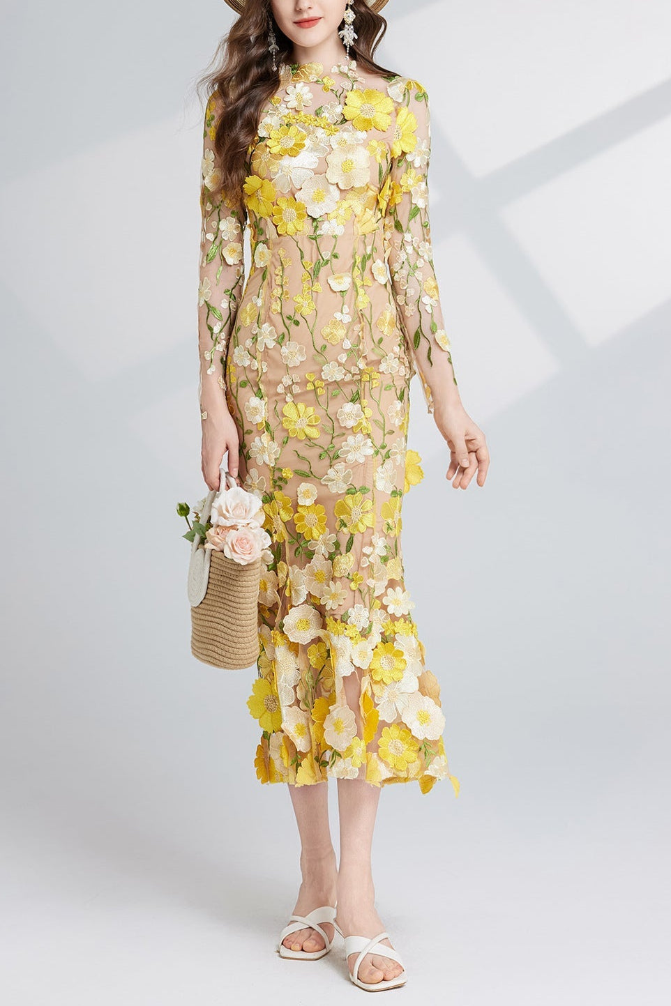 CAROL YELLOW FLORAL EMBROIDERY MESH LONG SLEEVE MIDI DRESS