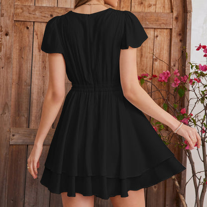black deep V-neck waist-cinching ruffled fly-sleeve A-line dress