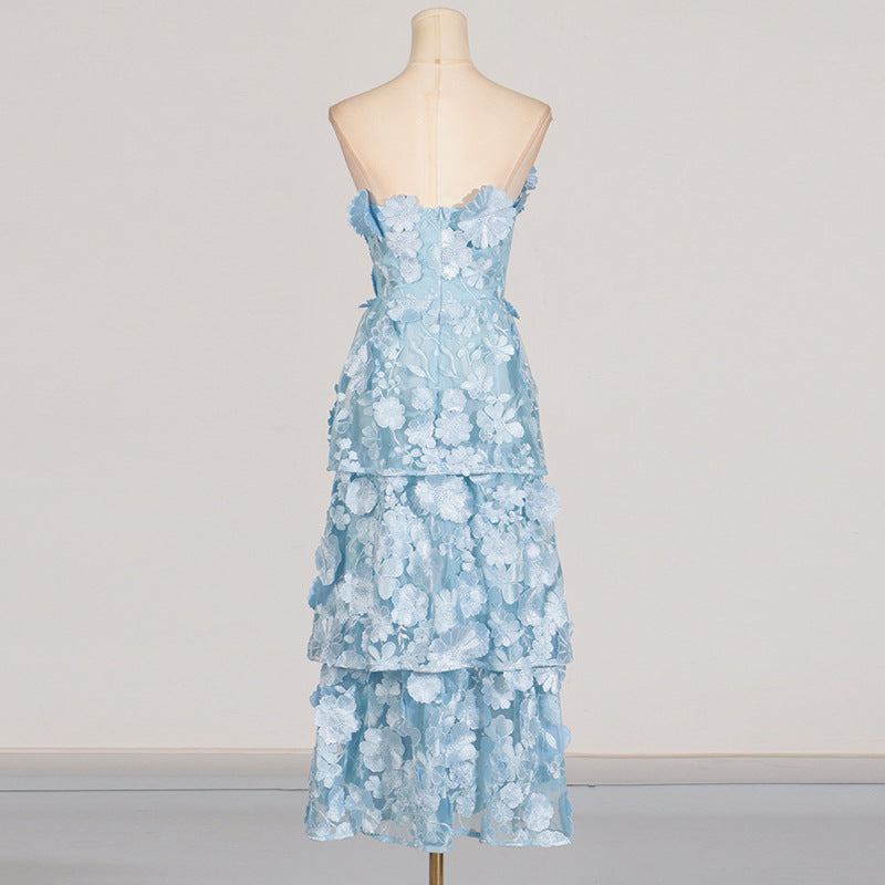 Selene floral embroidery Tiered Maxi Dress In Blue