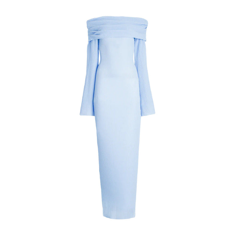 blue Long-sleeved off-the-shoulder pleated knit dress