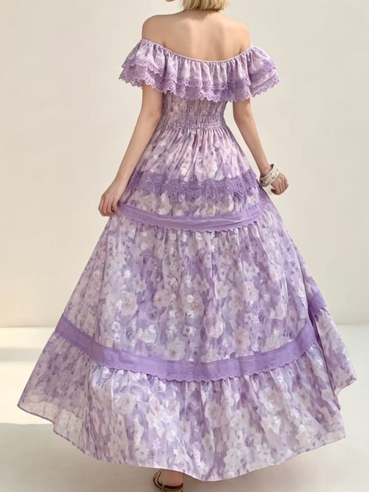 printed lace patchwork off-shoulder ruffle maxi dress - purple