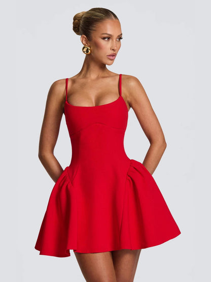 red bandeau open back suspender short puffy dress