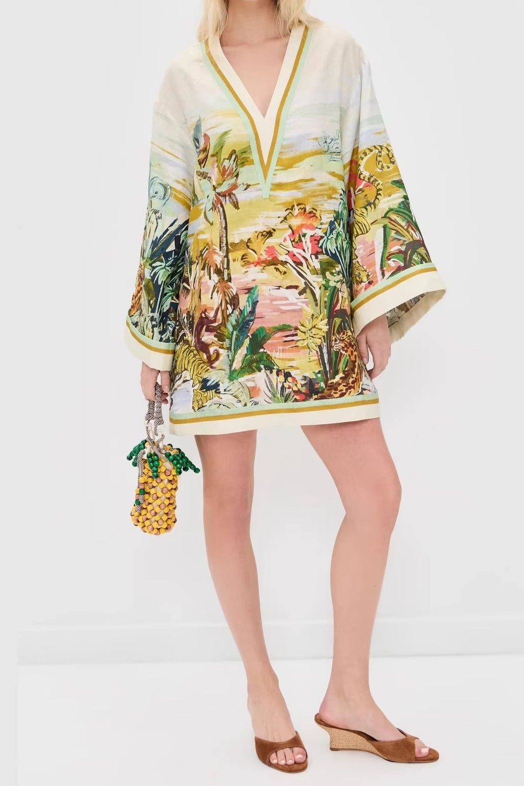 Vacation v-neck print long-sleeved mini dress