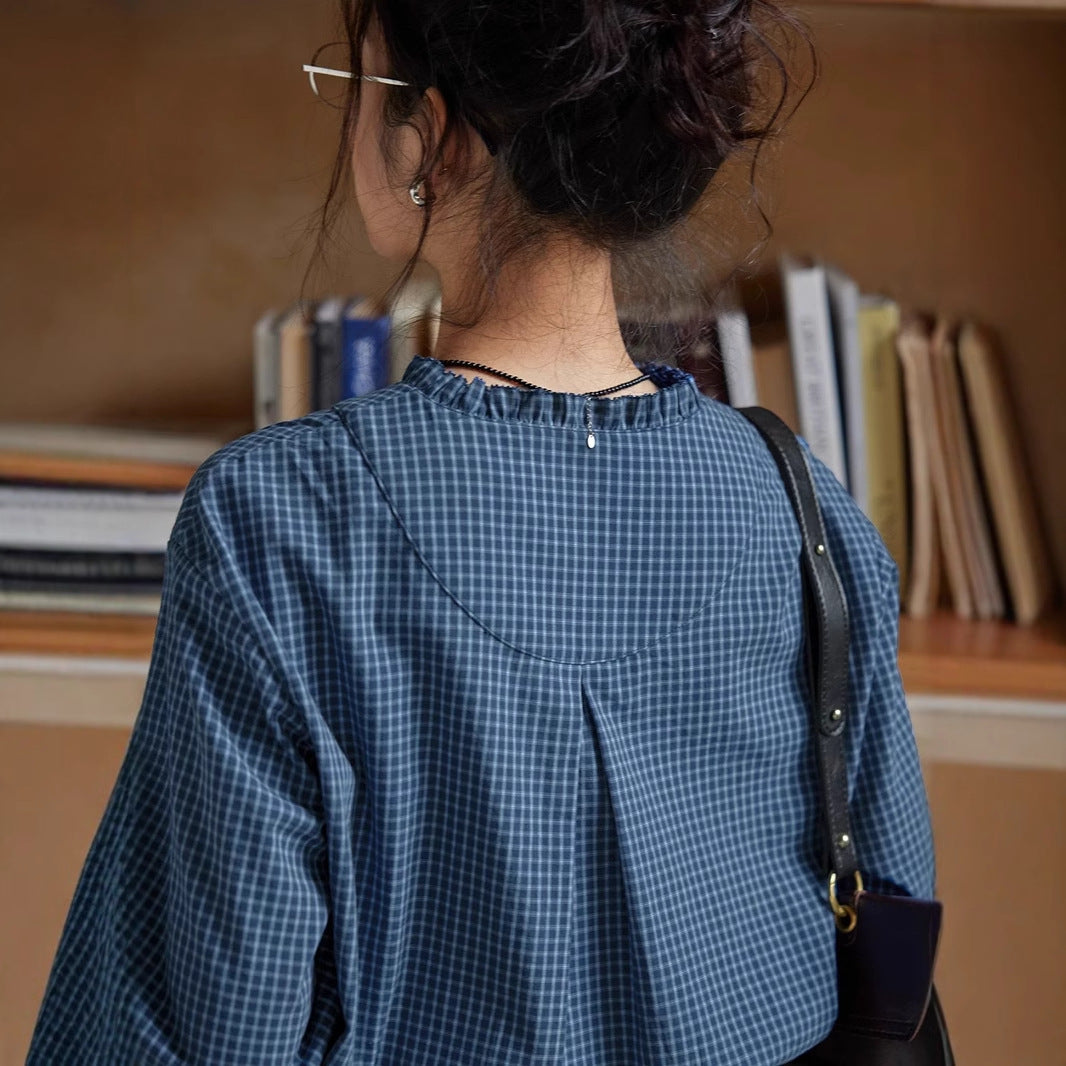 navy blue plaid V-neck ruffled  long-sleeve shirt
