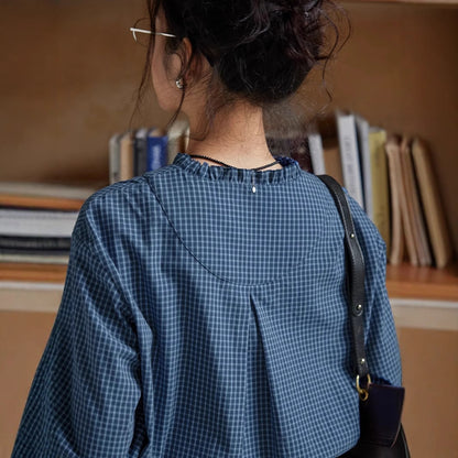 navy blue plaid V-neck ruffled  long-sleeve shirt
