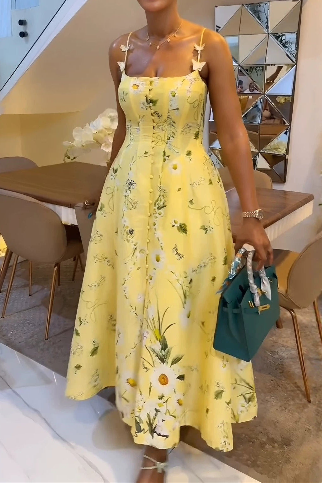 Printed button-front camisole midi dress with side slits
