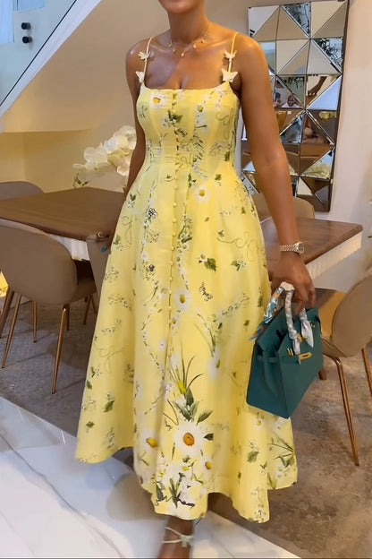 Printed button-front camisole midi dress with side slits