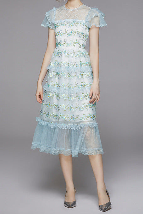embroidered sheer layered mesh midi dress - blue & green