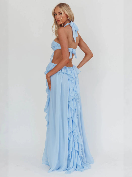 blue Ruffle Strapless Long Chiffon Dress