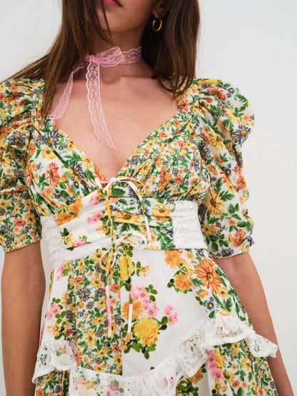 Floral lace patchwork deep V-neck puff sleeves mini dress