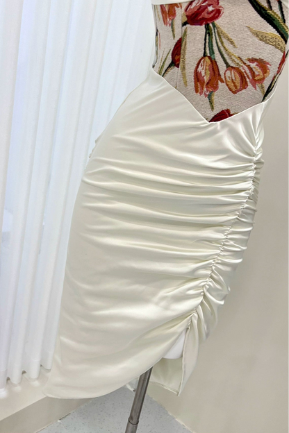 white print satin suspenders dress