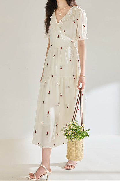 3D Embroidered V-neck Ruffled maxi Dress - white